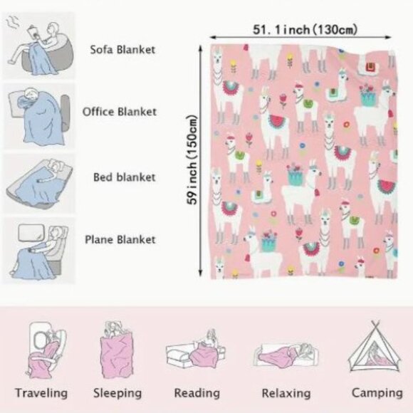 Cartoon Llama Alpaca Pink Flannel Blanket Soft Plush Throw Animals Girls Bedroom - Picture 4 of 4